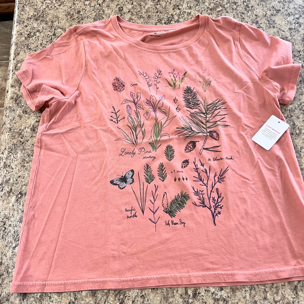 NWT Lucky Brand peach Pink Floral butterfly botanical plants Graphic Tee plants